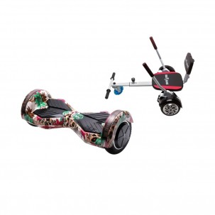 Set Hoverboard cu Scaun, Hoverkart Confort, Boxe Bluetooth, Lumini LED si Auto Balans, roti 6.5'', 15km Autonomie, Putere 700W, Baterie 4Ah Samsung Cell, Smart Balance Transformers SkullColor