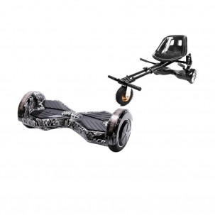 Set Hoverboard cu Scaun, Hoverkart Negru cu Suspensii Duble, Boxe Bluetooth, Lumini LED si Auto Balans, roti 8'', 15km Autonomie, Putere 700W, Baterie 4Ah Samsung Cell, Smart Balance Transformers SkullHead 