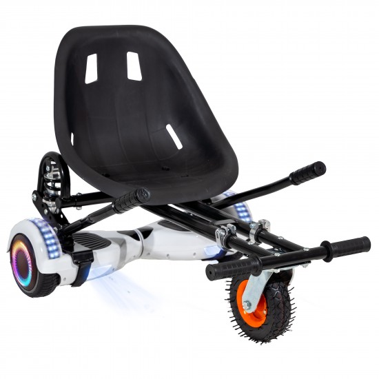 Pachet Hoverboard 6.5 inch cu Scaun cu Suspensii, Regular White Pearl PRO, Autonomie Standard si Hoverkart Negru cu Suspensii Duble, Smart Balance