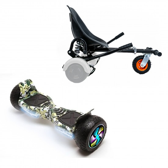Pachet Hoverboard 8.5 inch cu Scaun cu Suspensii, Hummer Camouflage PRO, Autonomie Extinsa si Hoverkart Negru cu Suspensii Duble, Smart Balance