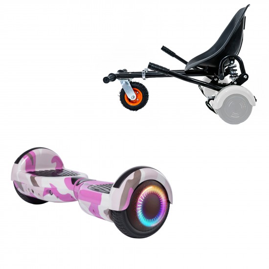 Pachet Hoverboard 6.5 inch cu Scaun cu Suspensii, Regular Camouflage Pink PRO, Autonomie Standard si Hoverkart Negru cu Suspensii Duble, Smart Balance