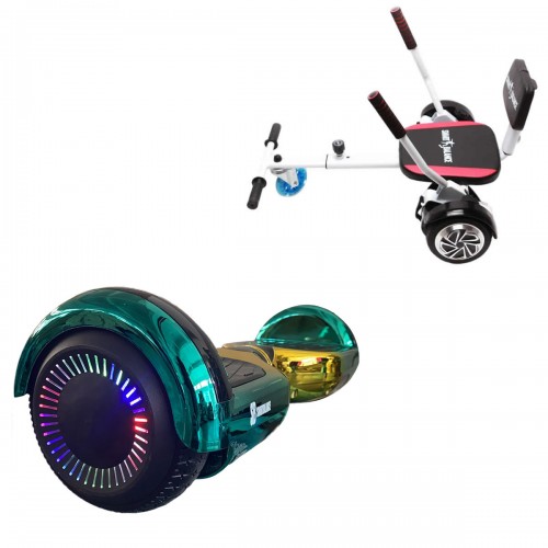 Pachet Hoverboard 6.5 inch cu Scaun Confort, Regular California PRO, Autonomie Extinsa si Hoverkart cu Burete Alb, Smart Balance