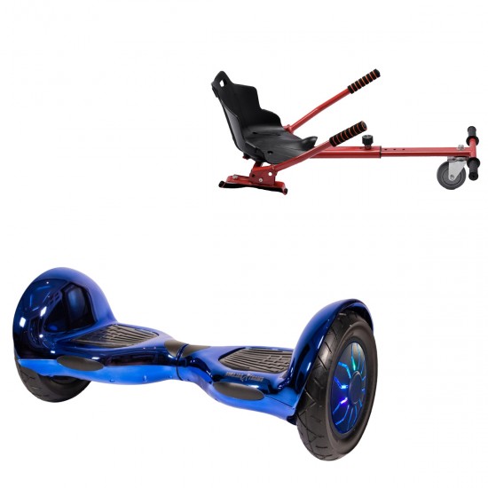 Pachet Hoverboard 10 inch cu Scaun Standard, Off-Road ElectroBlue PRO, Autonomie Extinsa si Hoverkart Ergonomic Rosu, Smart Balance