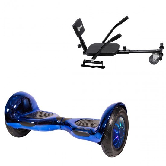Pachet Hoverboard 10 inch cu Scaun Confort, Off-Road ElectroBlue PRO, Autonomie Standard si Hoverkart cu Burete Negru, Smart Balance