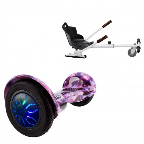 Pachet Hoverboard 10 inch cu Scaun Standard, Off-Road Galaxy PRO, Autonomie Extinsa si Hoverkart Ergonomic Alb, Smart Balance