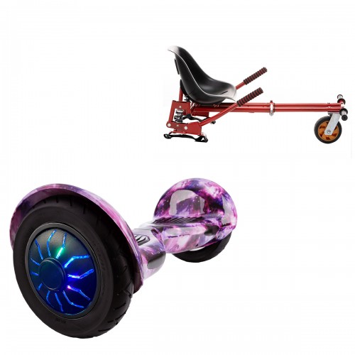 Pachet Hoverboard 10 inch cu Scaun cu Suspensii, Off-Road Galaxy PRO, Autonomie Extinsa si Hoverkart Rosu cu Suspensii Duble, Smart Balance