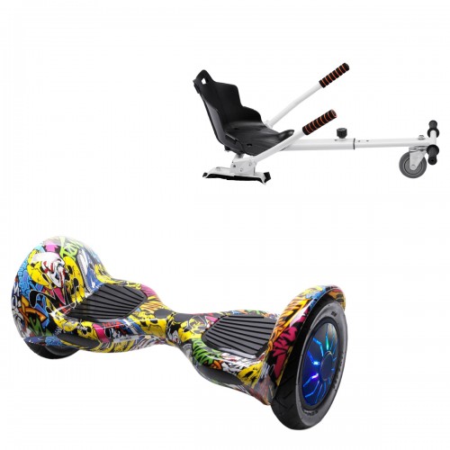 Pachet Hoverboard 10 inch cu Scaun Standard, Off-Road HipHop PRO, Autonomie Extinsa si Hoverkart Ergonomic Alb, Smart Balance