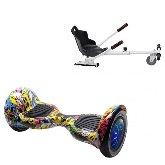 Pachet Hoverboard 10 inch cu Scaun Standard, Off-Road HipHop PRO, Autonomie Extinsa si Hoverkart Ergonomic Alb, Smart Balance