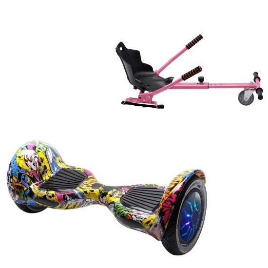 Pachet Hoverboard 10 inch cu Scaun Standard, Off-Road HipHop PRO, Autonomie Standard si Hoverkart Ergonomic Roz, Smart Balance