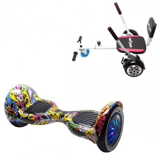 Pachet Hoverboard 10 inch cu Scaun Confort, Off-Road HipHop PRO, Autonomie Extinsa si Hoverkart cu Burete Alb, Smart Balance