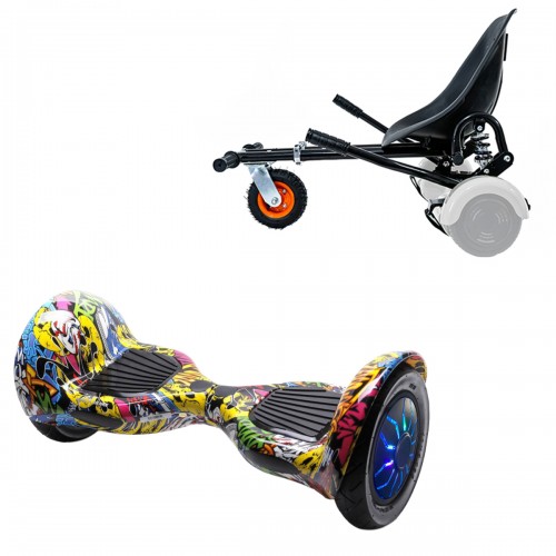 Pachet Hoverboard 10 inch cu Scaun cu Suspensii, Off-Road HipHop PRO, Autonomie Extinsa si Hoverkart Negru cu Suspensii Duble, Smart Balance