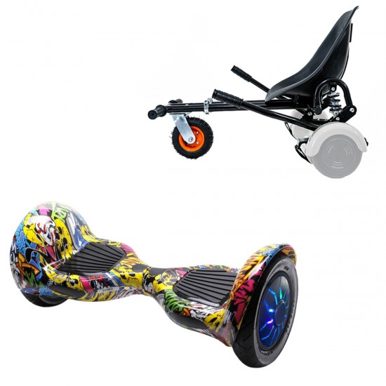 Pachet Hoverboard 10 inch cu Scaun cu Suspensii, Off-Road HipHop PRO, Autonomie Standard si Hoverkart Negru cu Suspensii Duble, Smart Balance