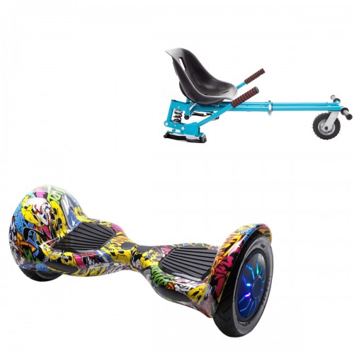 Pachet Hoverboard 10 inch cu Scaun cu Suspensii, Off-Road HipHop PRO, Autonomie Extinsa si Hoverkart Albastru cu Suspensii Duble, Smart Balance