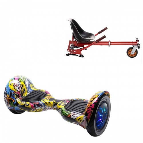 Pachet Hoverboard 10 inch cu Scaun cu Suspensii, Off-Road HipHop PRO, Autonomie Extinsa si Hoverkart Rosu cu Suspensii Duble, Smart Balance