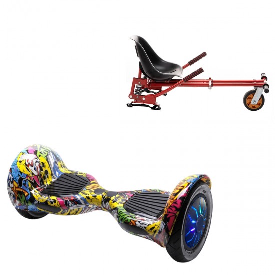 Pachet Hoverboard 10 inch cu Scaun cu Suspensii, Off-Road HipHop PRO, Autonomie Extinsa si Hoverkart Rosu cu Suspensii Duble, Smart Balance