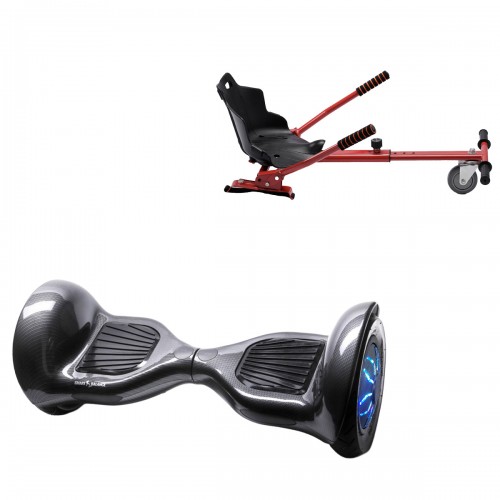 Pachet Hoverboard 10 inch cu Scaun Standard, Off-Road Carbon PRO, Autonomie Extinsa si Hoverkart Ergonomic Rosu, Smart Balance