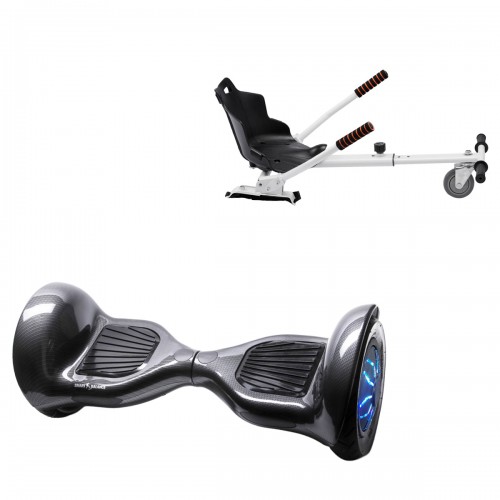 Pachet Hoverboard 10 inch cu Scaun Standard, Off-Road Carbon PRO, Autonomie Extinsa si Hoverkart Ergonomic Alb, Smart Balance