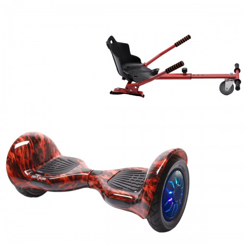 Pachet Hoverboard 10 inch cu Scaun Standard, Off-Road Flame PRO, Autonomie Extinsa si Hoverkart Ergonomic Rosu, Smart Balance