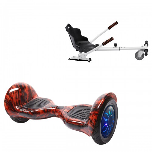 Pachet Hoverboard 10 inch cu Scaun Standard, Off-Road Flame PRO, Autonomie Extinsa si Hoverkart Ergonomic Alb, Smart Balance