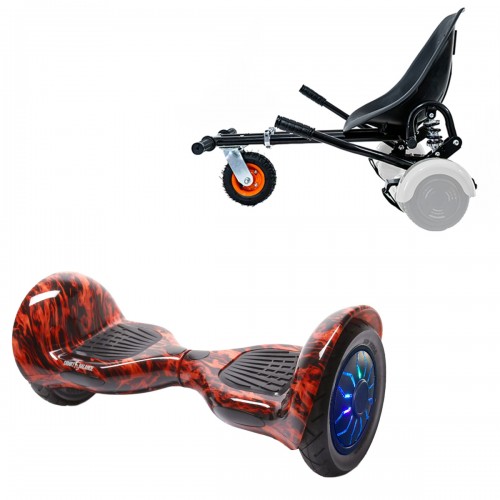 Pachet Hoverboard 10 inch cu Scaun cu Suspensii, Off-Road Flame PRO, Autonomie Extinsa si Hoverkart Negru cu Suspensii Duble, Smart Balance