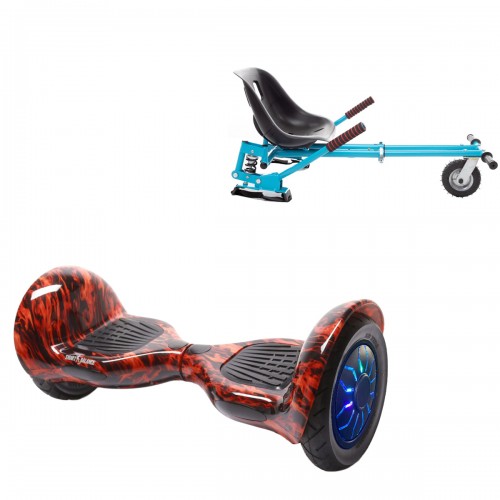 Pachet Hoverboard 10 inch cu Scaun cu Suspensii, Off-Road Flame PRO, Autonomie Extinsa si Hoverkart Albastru cu Suspensii Duble, Smart Balance