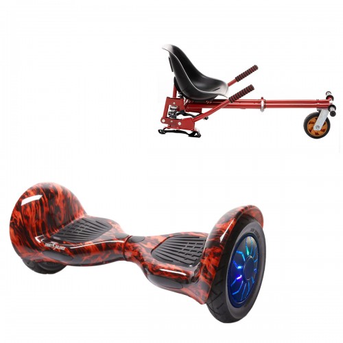 Pachet Hoverboard 10 inch cu Scaun cu Suspensii, Off-Road Flame PRO, Autonomie Extinsa si Hoverkart Rosu cu Suspensii Duble, Smart Balance