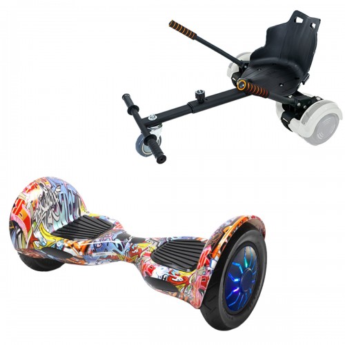 Pachet Hoverboard 10 inch cu Scaun Standard, Off-Road HipHop Orange PRO, Autonomie Extinsa si Hoverkart Ergonomic Negru, Smart Balance