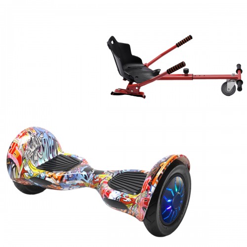 Pachet Hoverboard 10 inch cu Scaun Standard, Off-Road HipHop Orange PRO, Autonomie Extinsa si Hoverkart Ergonomic Rosu, Smart Balance