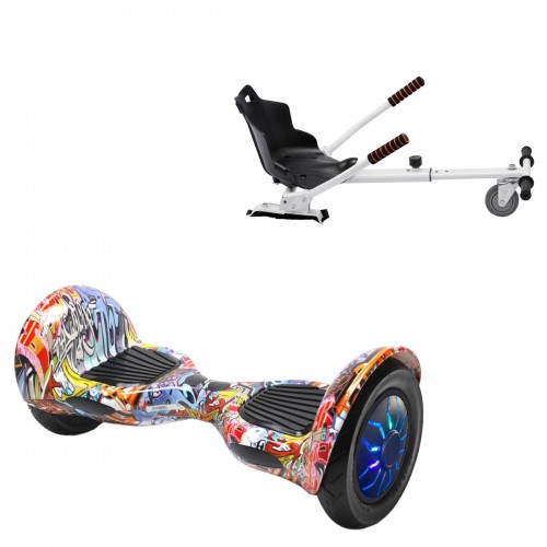 Pachet Hoverboard 10 inch cu Scaun Standard, Off-Road HipHop Orange PRO, Autonomie Extinsa si Hoverkart Ergonomic Alb, Smart Balance