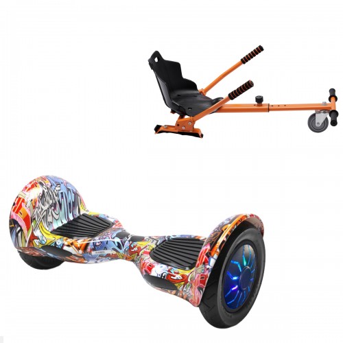 Pachet Hoverboard 10 inch cu Scaun Standard, Off-Road HipHop Orange PRO, Autonomie Extinsa si Hoverkart Ergonomic Portocaliu, Smart Balance