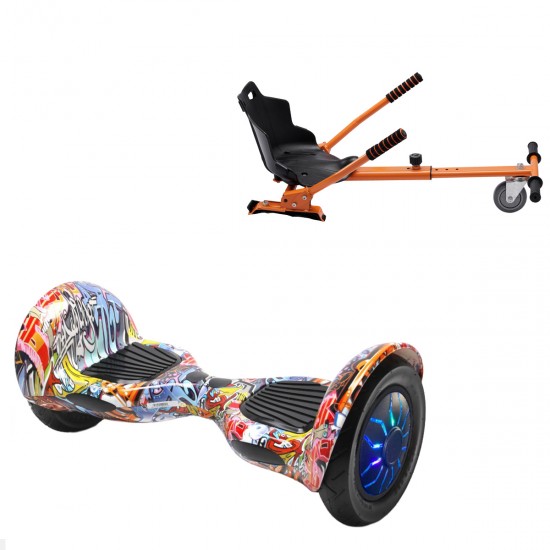 Pachet Hoverboard 10 inch cu Scaun Standard, Off-Road HipHop Orange PRO, Autonomie Standard si Hoverkart Ergonomic Portocaliu, Smart Balance