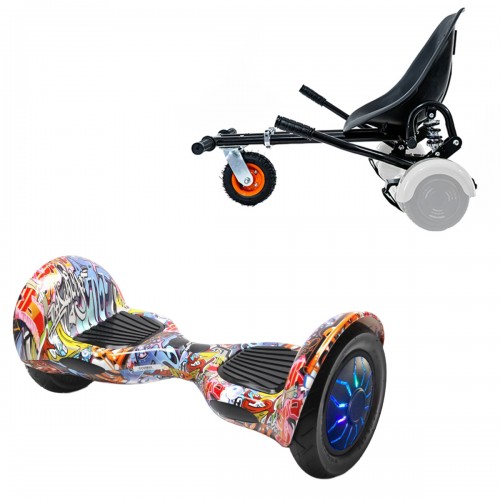 Pachet Hoverboard 10 inch cu Scaun cu Suspensii, Off-Road HipHop Orange PRO, Autonomie Extinsa si Hoverkart Negru cu Suspensii Duble, Smart Balance