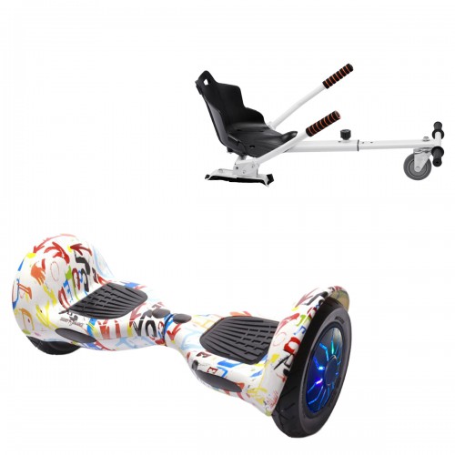 Pachet Hoverboard 10 inch cu Scaun Standard, Off-Road Splash PRO, Autonomie Extinsa si Hoverkart Ergonomic Alb, Smart Balance