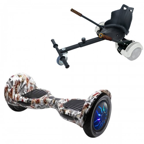 Pachet Hoverboard 10 inch cu Scaun Standard, Off-Road Tattoo PRO, Autonomie Standard si Hoverkart Ergonomic Negru, Smart Balance