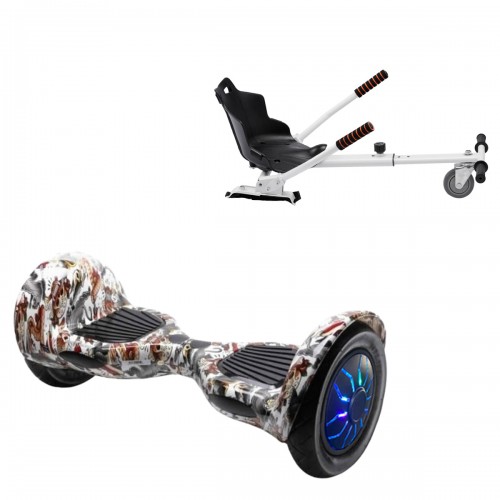 Pachet Hoverboard 10 inch cu Scaun Standard, Off-Road Tattoo PRO, Autonomie Standard si Hoverkart Ergonomic Alb, Smart Balance