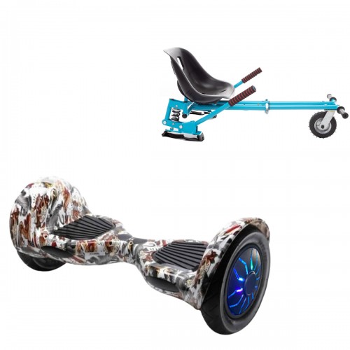 Pachet Hoverboard 10 inch cu Scaun cu Suspensii, Off-Road Tattoo PRO, Autonomie Extinsa si Hoverkart Albastru cu Suspensii Duble, Smart Balance