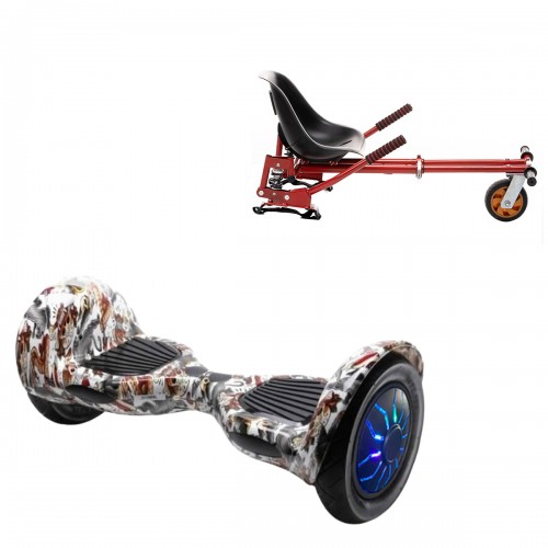 Pachet Hoverboard 10 inch cu Scaun cu Suspensii, Off-Road Tattoo PRO, Autonomie Extinsa si Hoverkart Rosu cu Suspensii Duble, Smart Balance