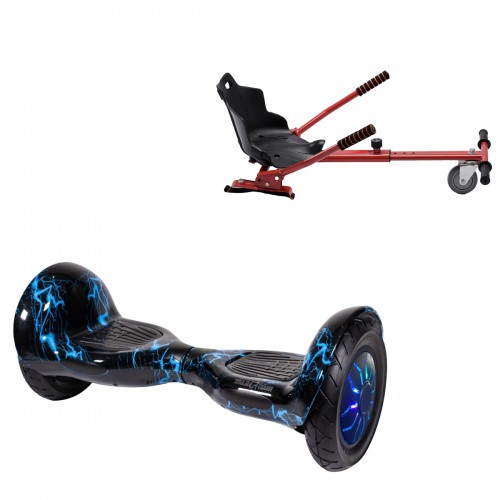 Pachet Hoverboard 10 inch cu Scaun Standard, Off-Road Thunderstorm Blue PRO, Autonomie Extinsa si Hoverkart Ergonomic Rosu, Smart Balance