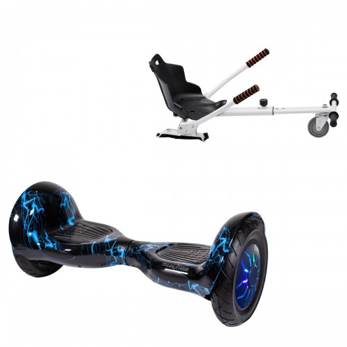 Pachet Hoverboard 10 inch cu Scaun Standard, Off-Road Thunderstorm Blue PRO, Autonomie Extinsa si Hoverkart Ergonomic Alb, Smart Balance