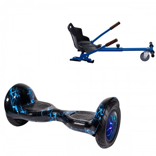 Pachet Hoverboard 10 inch cu Scaun Standard, Off-Road Thunderstorm Blue PRO, Autonomie Extinsa si Hoverkart Ergonomic Albastru, Smart Balance