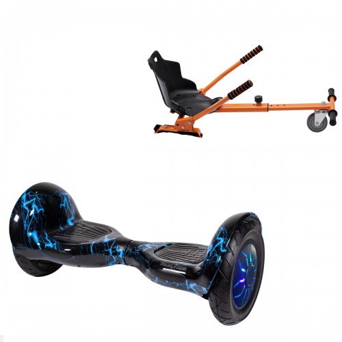Pachet Hoverboard 10 inch cu Scaun Standard, Off-Road Thunderstorm Blue PRO, Autonomie Extinsa si Hoverkart Ergonomic Portocaliu, Smart Balance