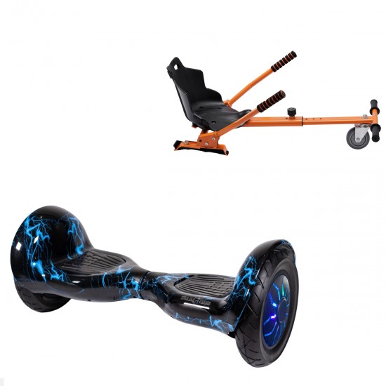 Pachet Hoverboard 10 inch cu Scaun Standard, Off-Road Thunderstorm Blue PRO, Autonomie Extinsa si Hoverkart Ergonomic Portocaliu, Smart Balance