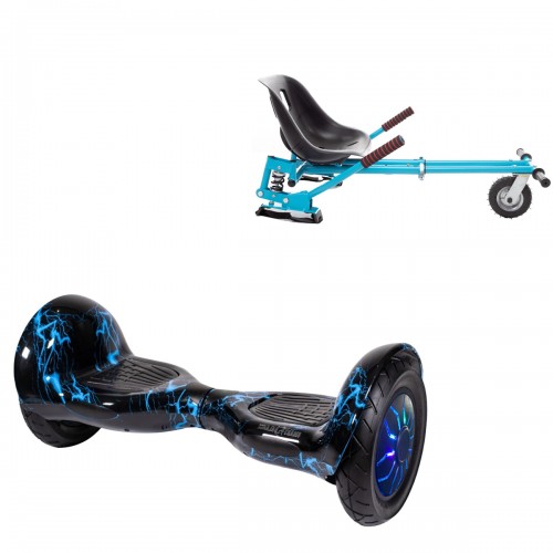 Pachet Hoverboard 10 inch cu Scaun cu Suspensii, Off-Road Thunderstorm Blue PRO, Autonomie Extinsa si Hoverkart Albastru cu Suspensii Duble, Smart Balance