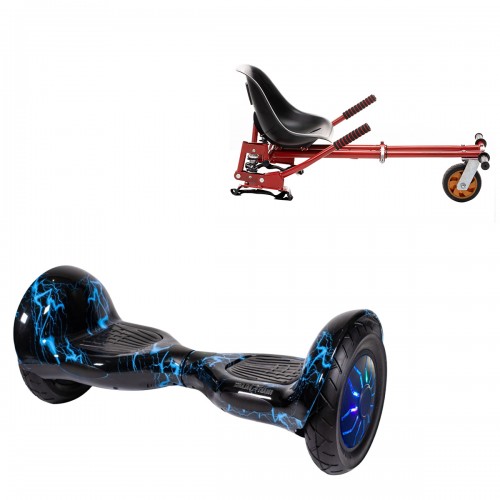 Pachet Hoverboard 10 inch cu Scaun cu Suspensii, Off-Road Thunderstorm Blue PRO, Autonomie Extinsa si Hoverkart Rosu cu Suspensii Duble, Smart Balance