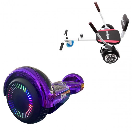 Pachet Hoverboard 6.5 inch cu Scaun Confort, Regular ElectroPurple PRO, Autonomie Standard si Hoverkart cu Burete Alb, Smart Balance