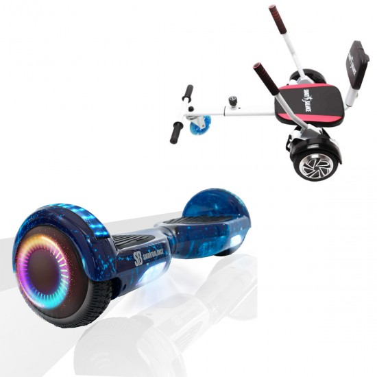 Pachet Hoverboard 6.5 inch cu Scaun Confort, Regular Galaxy Blue PRO, Autonomie Standard si Hoverkart cu Burete Alb, Smart Balance