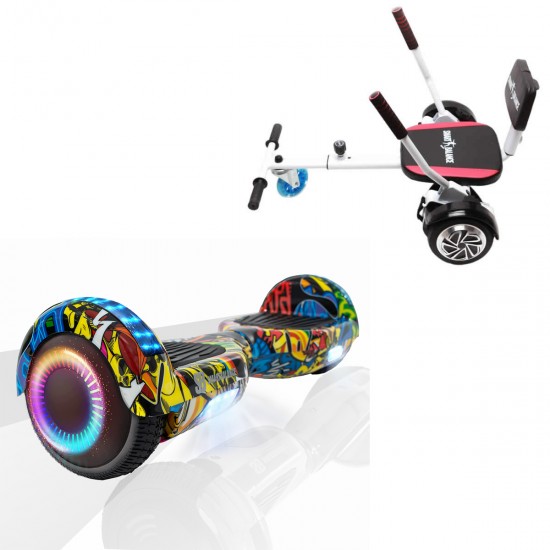Pachet Hoverboard 6.5 inch cu Scaun Confort, Regular HipHop PRO, Autonomie Standard si Hoverkart cu Burete Alb, Smart Balance