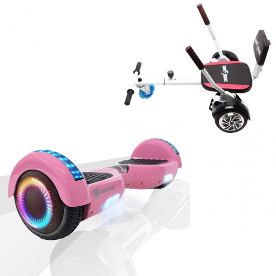 Pachet Hoverboard 6.5 inch cu Scaun Confort, Regular Pink PRO, Autonomie Standard si Hoverkart cu Burete Alb, Smart Balance