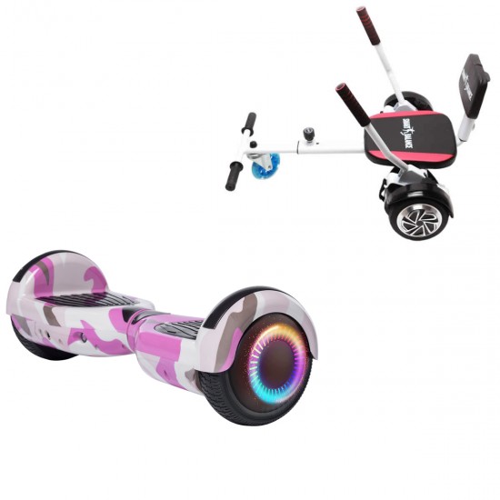 Pachet Hoverboard 6.5 inch cu Scaun Confort, Regular Camouflage Pink PRO, Autonomie Standard si Hoverkart cu Burete Alb, Smart Balance