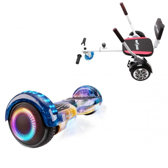Pachet Hoverboard 6.5 inch cu Scaun Confort, Regular Galaxy Orange PRO, Autonomie Extinsa si Hoverkart cu Burete Alb, Smart Balance